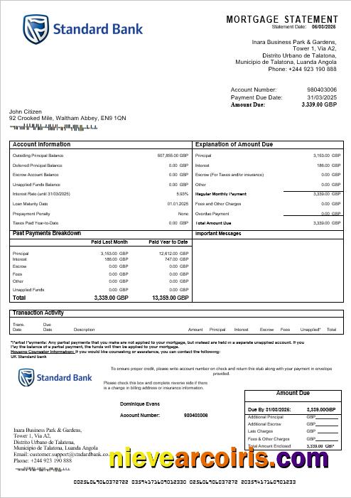 United Kingdom Standard bank mortgage statement